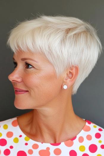 A woman with a short, sleek, and layered white pixie haircut.