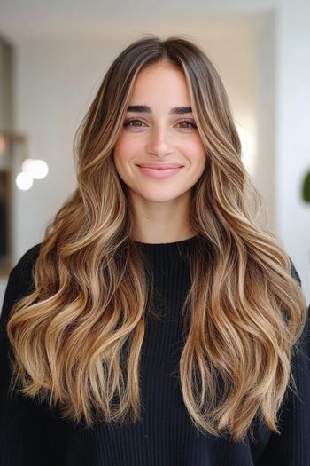 A woman with long, wavy hair featuring a caramel balayage style, transitioning from darker roots to lighter, caramel-colored ends.