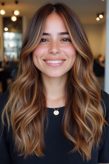 A woman with long, wavy hair styled in caramel balayage, featuring soft, natural-looking highlights.