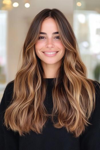 A woman with long, wavy hair featuring a caramel balayage color that blends into darker roots, giving a natural, sun-kissed look.