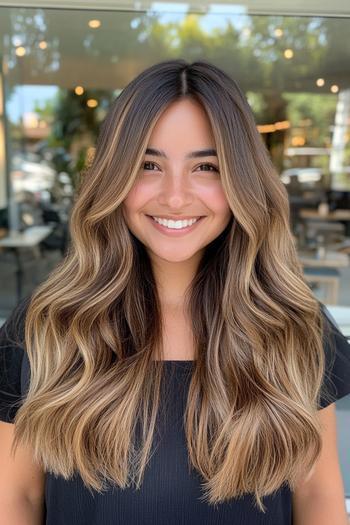 A woman with long, wavy hair featuring a caramel balayage hairstyle, blending dark roots seamlessly with lighter, caramel-toned ends.