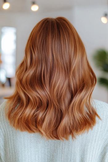 A person with golden brown, wavy, shoulder-length hair is shown from the back.