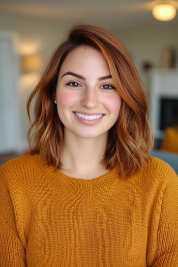 A woman with shoulder-length, wavy golden brown hair and a middle part, wearing a mustard-colored sweater and smiling.