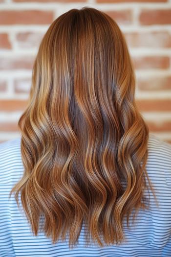 A caramel balayage hairstyle featuring long, wavy hair with blended caramel highlights.