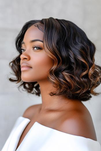 A woman with shoulder-length, wavy black hair featuring brown highlights.