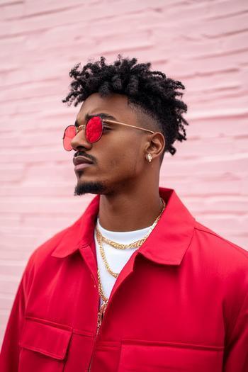 A Black man with a fade hairstyle and short dreadlocks on top, wearing red sunglasses, a red jacket, and gold accessories.