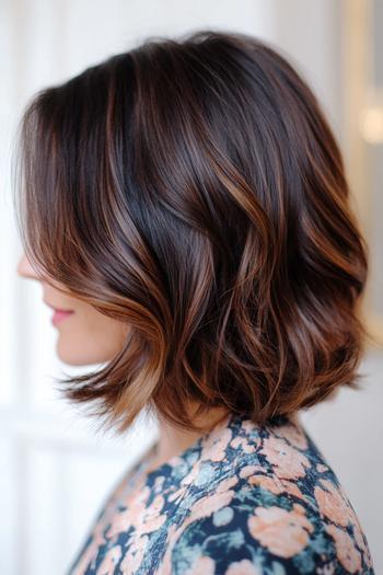 A woman with shoulder-length wavy black hair featuring subtle brown highlights throughout.