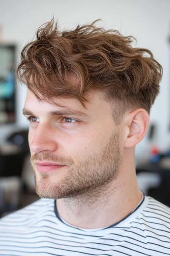 A man with a medium length haircut featuring tousled, wavy hair on top and short, tapered sides.