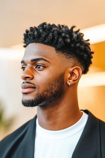 A close-up of a black man with a high fade haircut featuring tight, textured curls on top.