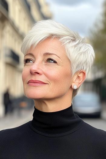 A woman with short, white, textured hair styled in a chic pixie cut, looking poised and confident.