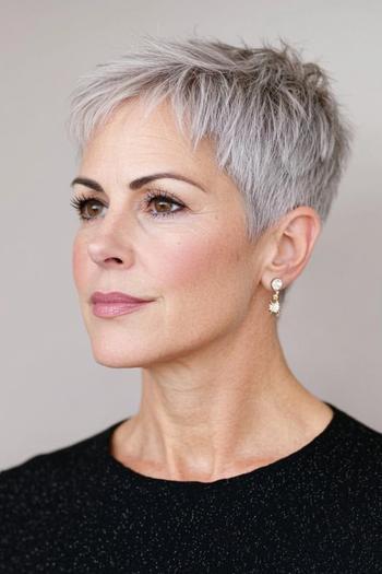 A woman with short, silver-gray hair styled in a textured pixie cut.