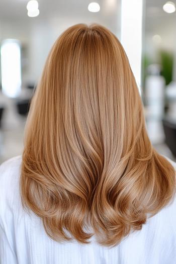 A person with golden brown hair styled in soft, loose waves, cascading down to their shoulders.