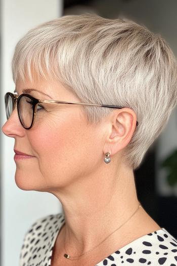 A side profile of an older woman with a chic, short, layered pixie cut featuring soft, silvery-gray hair and wearing glasses.