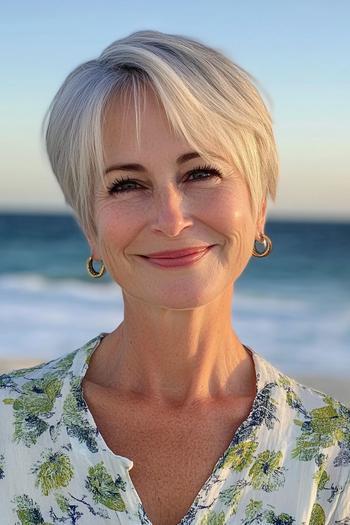 A woman with a short, layered pixie haircut featuring side-swept bangs and a light grey color, suitable for low-maintenance wear.