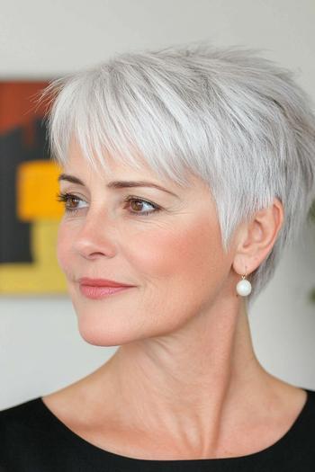 A woman with short, layered, silver-gray hair styled in a chic, easy-to-maintain pixie cut.