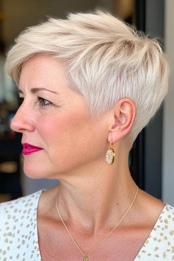 A woman with a short, stylish, and easy-to-maintain blonde pixie cut.