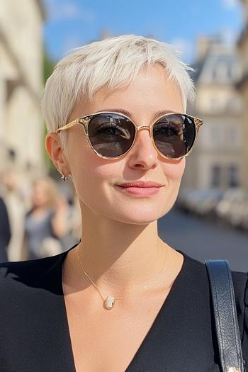 A woman with short, platinum blonde hair styled in a chic, pixie cut.