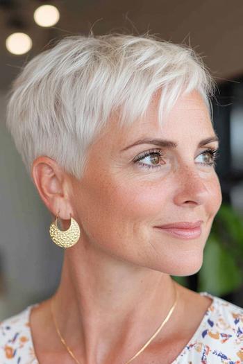 A woman with a short, textured pixie cut with side-swept bangs, and her hair is silver-white.