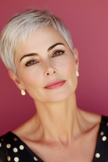 A woman with a short, stylish pixie haircut with side-swept bangs and silver-gray hair.