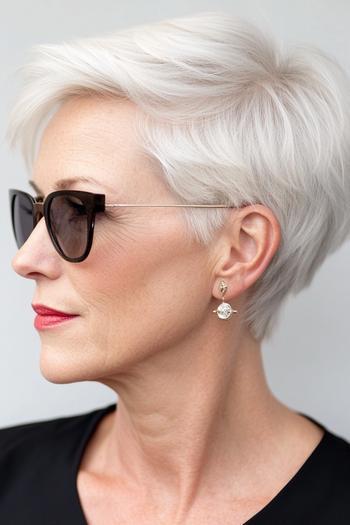 A woman with short, silver hair styled in a textured, layered pixie cut, wearing black sunglasses and earrings.