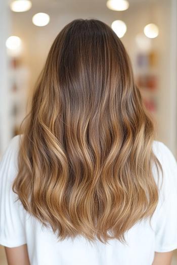 A woman with long, wavy hair colored in a caramel balayage style, featuring a blend of dark and light brown shades.