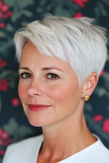 A woman with a short, layered pixie cut featuring soft bangs and white hair.