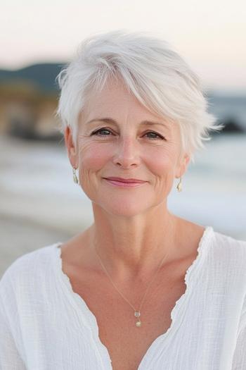 A woman with short, white hair styled in a soft, tousled pixie cut.