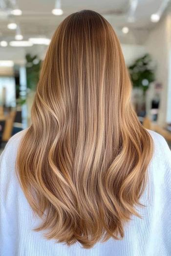 A back view of long, wavy hair with a caramel balayage highlighting technique, blending golden and light brown tones.