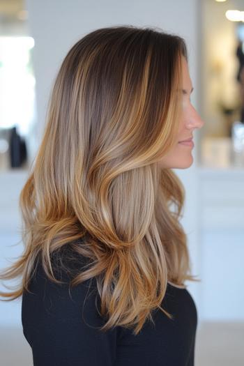 A woman with smooth, wavy hair in a caramel balayage style featuring a blend of dark roots transitioning to lighter caramel tones towards the ends.