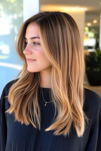 A woman with caramel balayage hair, styled in loose, natural waves, and a center parting.