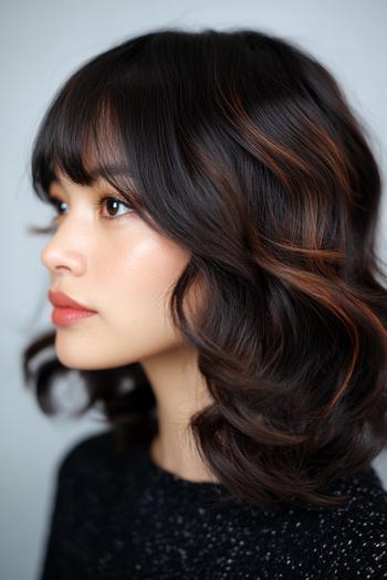 A woman with wavy black hair featuring subtle brown highlights and soft bangs.