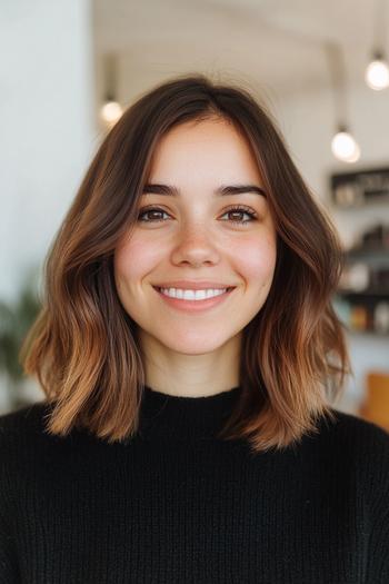 A woman with shoulder-length black hair styled in loose waves, featuring soft brown highlights.