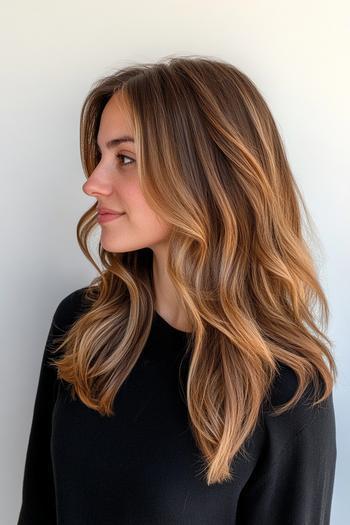 A woman with long, wavy caramel balayage hair styled in loose waves against a plain background.