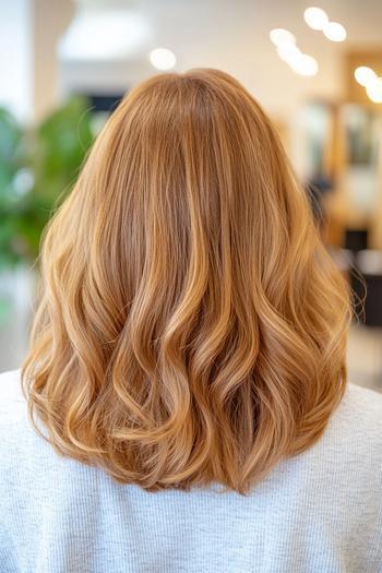 A rear view of golden brown hair styled in loose, medium-length waves.