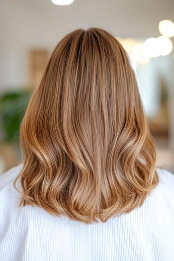 A person with mid-length, golden brown wavy hair seen from the back.