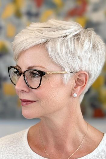 A woman with a short, layered, white pixie cut, wearing glasses.