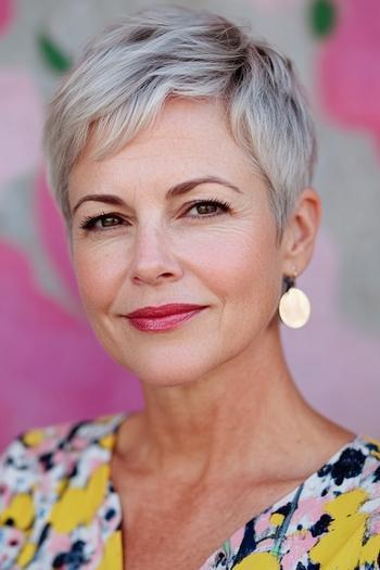 A woman with short, layered, silver hair styled in a pixie cut.