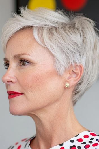 A short, layered pixie haircut with textured, white hair, perfect for an easy, wash-and-wear style for women over 60.