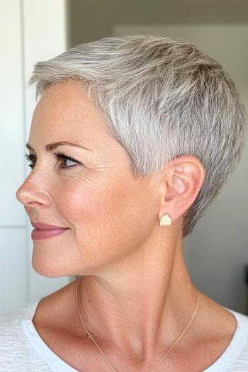 A woman with a short, silver pixie cut hairstyle, featuring tapered sides and back with slightly longer layers on top.