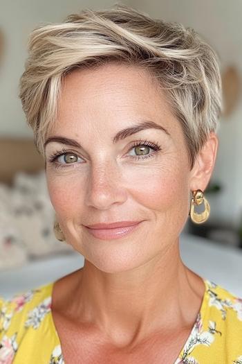 A woman with short, tousled, layered hair that is blonde with darker roots, wearing a yellow floral top and hoop earrings.