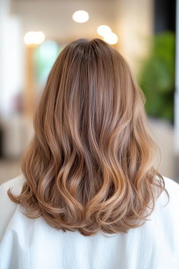 A head of wavy, golden brown hair styled in loose, flowing layers.