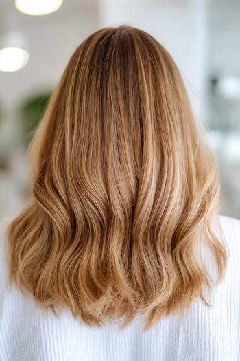 A head of wavy golden brown hair styled in soft, loose waves, falling just below the shoulders.