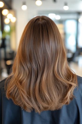 A person with golden brown hair styled in loose, soft waves is seen from the back in a well-lit indoor setting.