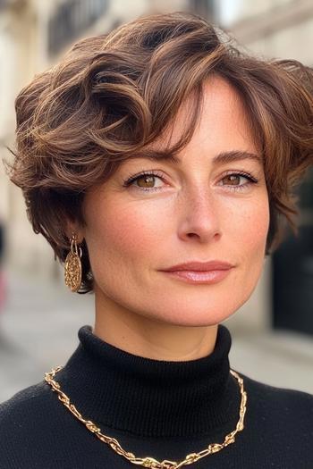 A woman with short, curly, layered hair styled in a voluminous bob with a side part, wearing gold earrings and a black turtleneck.