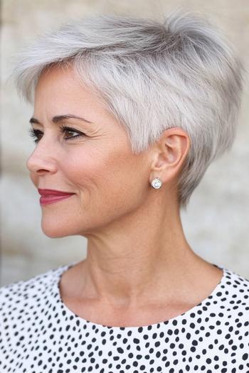 A short, stylish pixie cut with textured layers and side-swept bangs, ideal for women over 60.