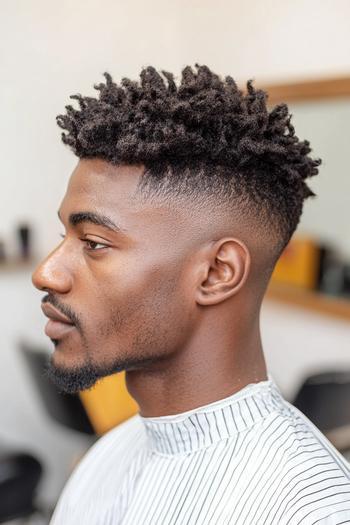 A black man with a high top fade haircut, featuring tightly coiled curls on top and a clean, gradual fade on the sides and back.