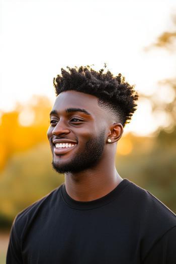 A young Black man with a high fade hairstyle featuring tightly curled hair on top and neatly trimmed sides.