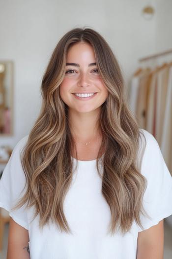 A woman with long, wavy hair featuring a caramel balayage highlighting technique, blending warm caramel tones seamlessly with her natural brown base.