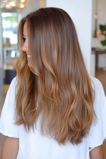 A woman with long, wavy hair styled in a caramel balayage, creating natural-looking highlights that blend seamlessly with the brown base color.