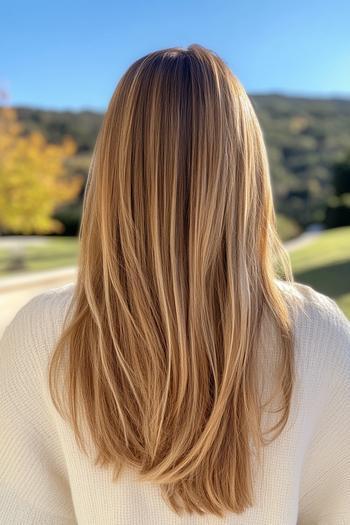 The image shows a back view of long, straight hair styled with a caramel balayage, featuring a natural blend of light and warm brown tones.